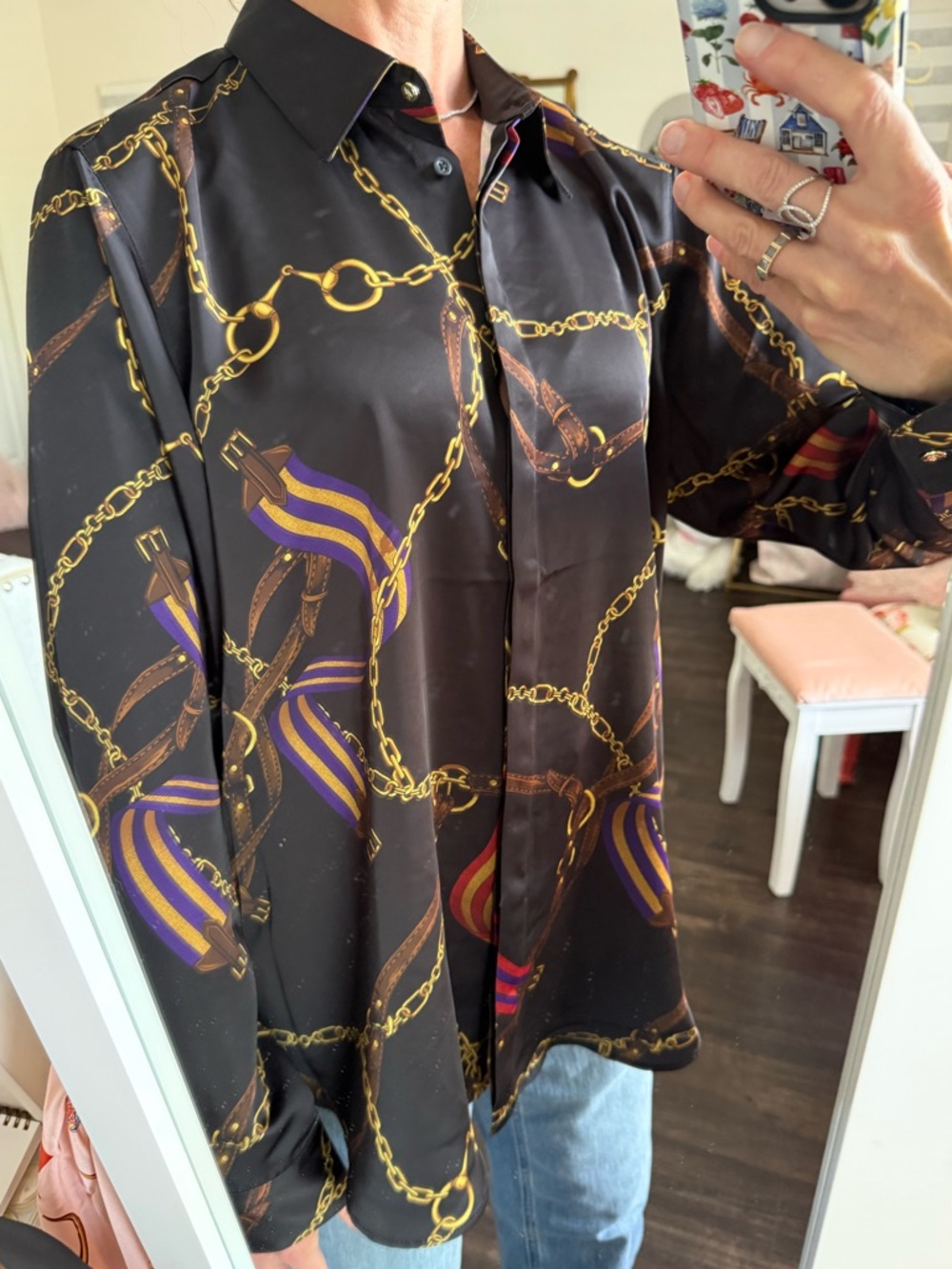 Lauren Ralph Lauren Equestrian Chain Satin Blouse Black Gold Accent Logo